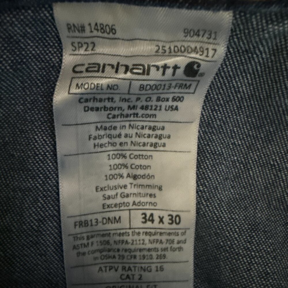 Carhartt Men's FR Signature Denim Dungaree NWOT 34X30 - Picture 7 of 14